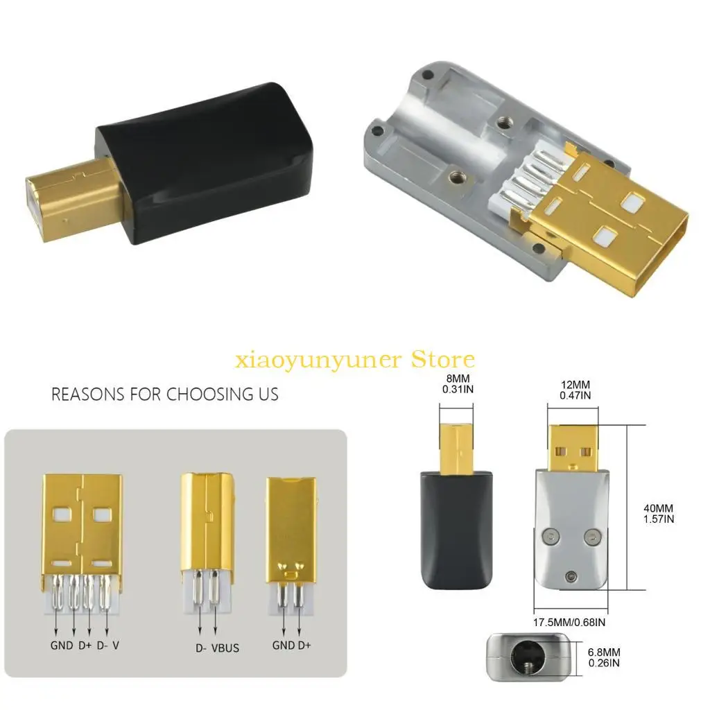 P9JB DIY USB 2.0 Connector Plug A Type/B Type Assembly Adapter Socket Solder Type Aluminum Alloy For Data Connection