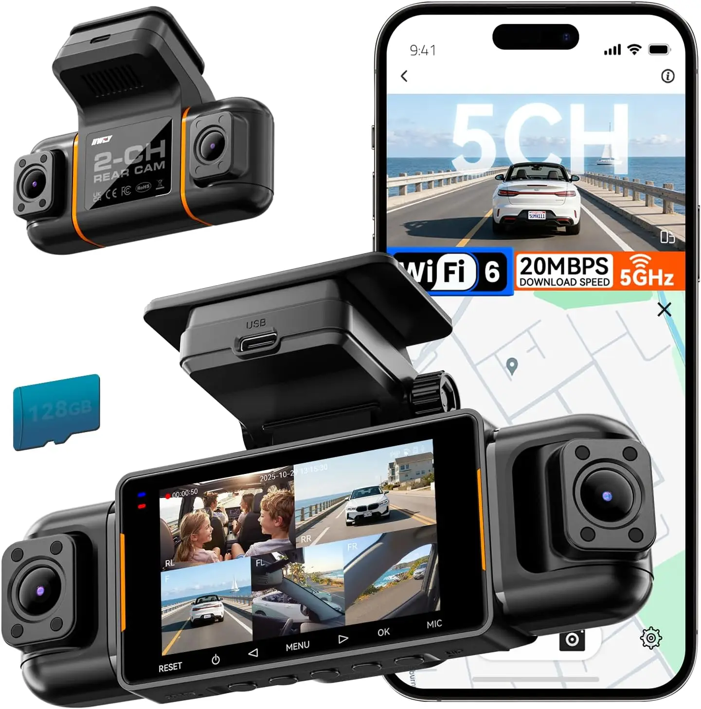 

5 Channel Dash Cam 360° View, 5.8G WiFi-6 with App, Free 128GB Card, FHD Front & Rear Inside Left Right Camera for Car, 12 IR