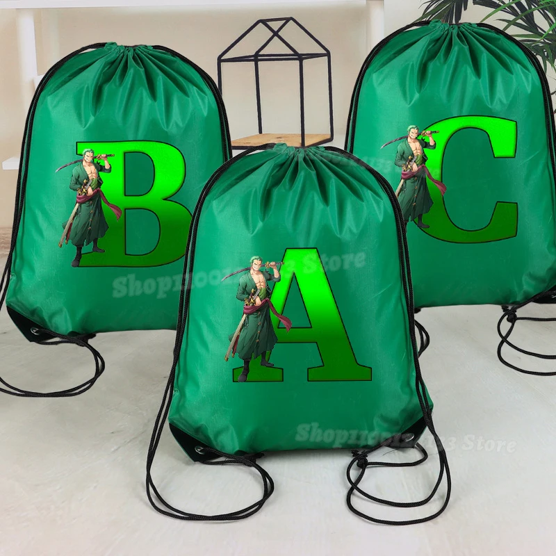 

One's Piece Kids Drawstring Bag Cute Zoro Letters A-Z Anime Print Boy Man Portable Pocket Game Party Gift Casual Hand Bag Pouche