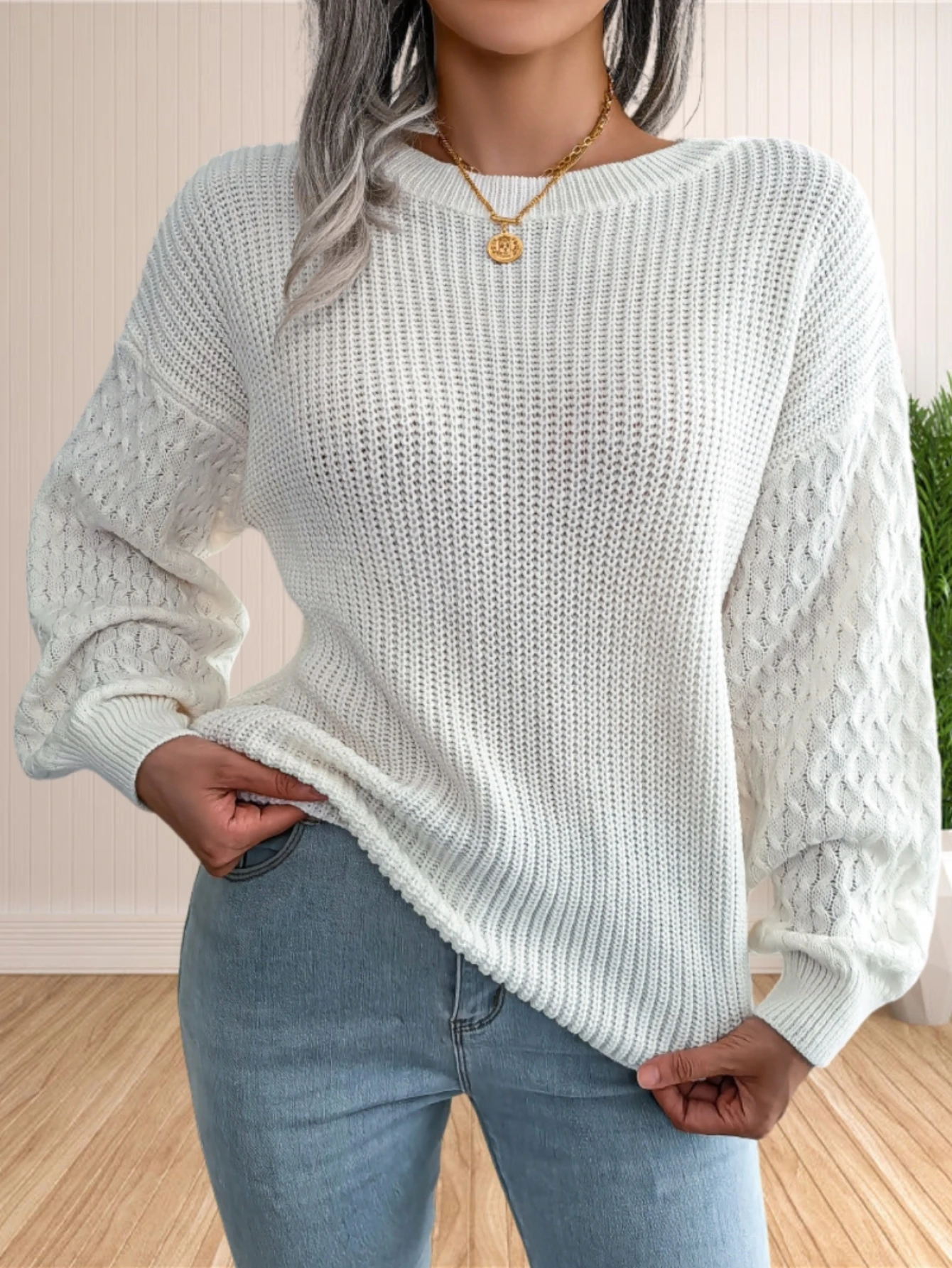 Sweater for Women Cable Knit Crew Neck Long Sleeves Fashion Casual Pullover Sweater Tops