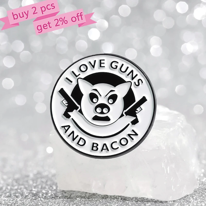 I Love Guns And Bacon Enamel Pins Custom Killer Pig Brooches Lapel Badges Cartoon Animal Jewelry Gift for Kids Friends