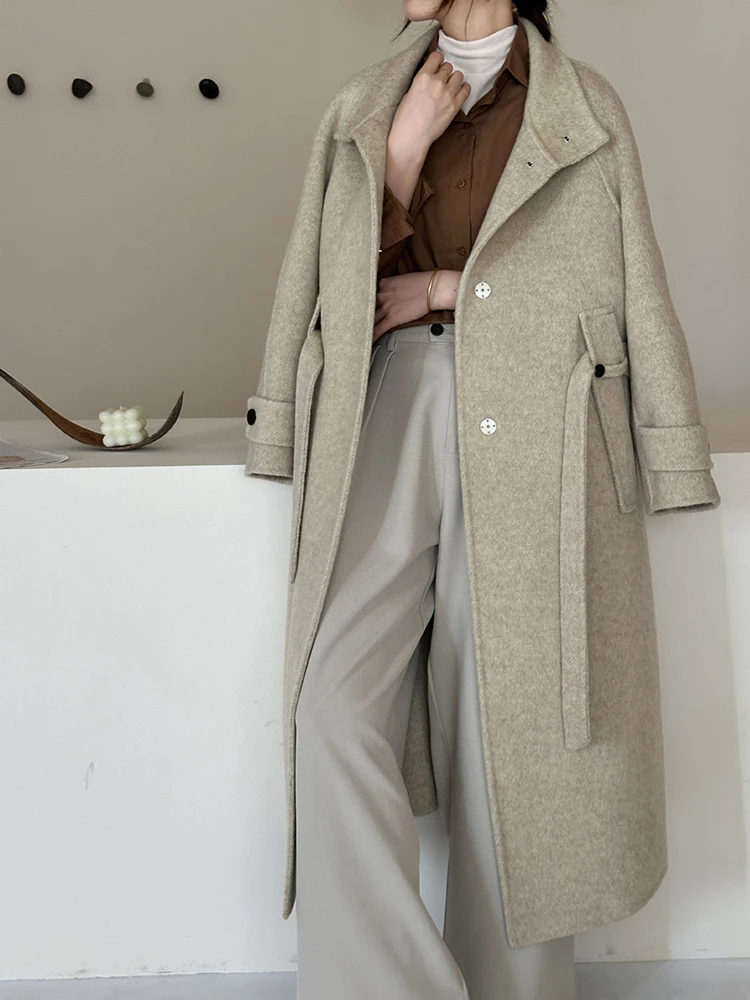 

Новое однотонное шерстяное пальто 2023 года с воротником-стойкой и завязкой на плечах, однобортное длинное шерстяное пальто с длинными рукавами на осень-зиму