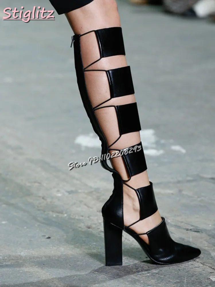 

Сексуальные черные туфли-лодочки в стиле пэчворк, летние сапоги до колена на высоком каблуке с острым ремешком, 2021, женская модная обувь на массивном каблуке с молнией сзади