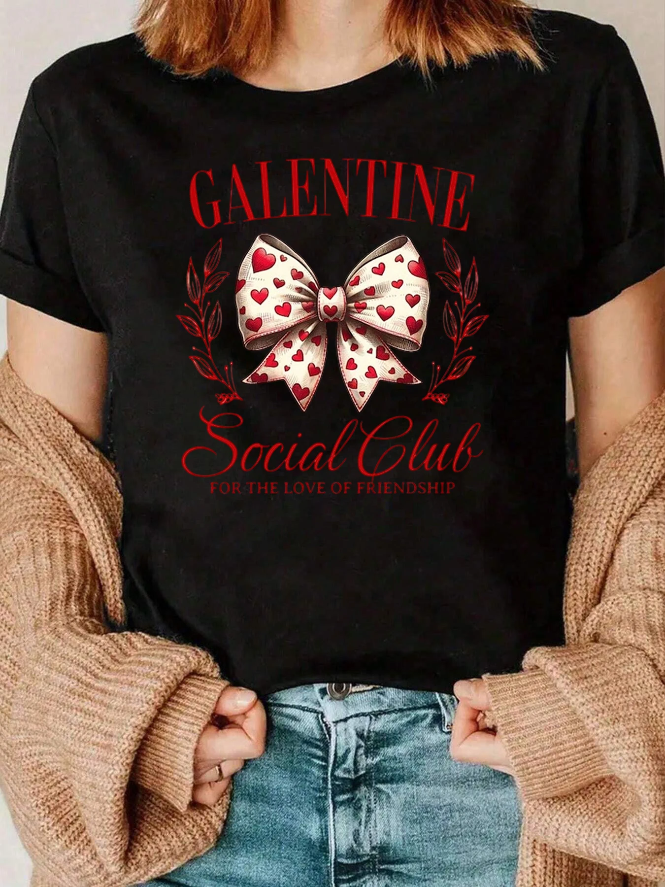 เสื้อยืดพิมพ์ลายโบว์กัลแลนตีนเสื้อลำลองวันวาเลนไทน์สำหรับผู้หญิงชุดปาร์ตี้ 220 ก