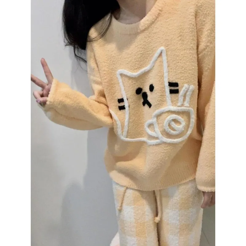 

Girls Cute Warm Rabbit Half Cashmere Pajamas Female Autumn and Winter Thick Warm Can Wear A Home Suit Can Be Worn Outside Simple