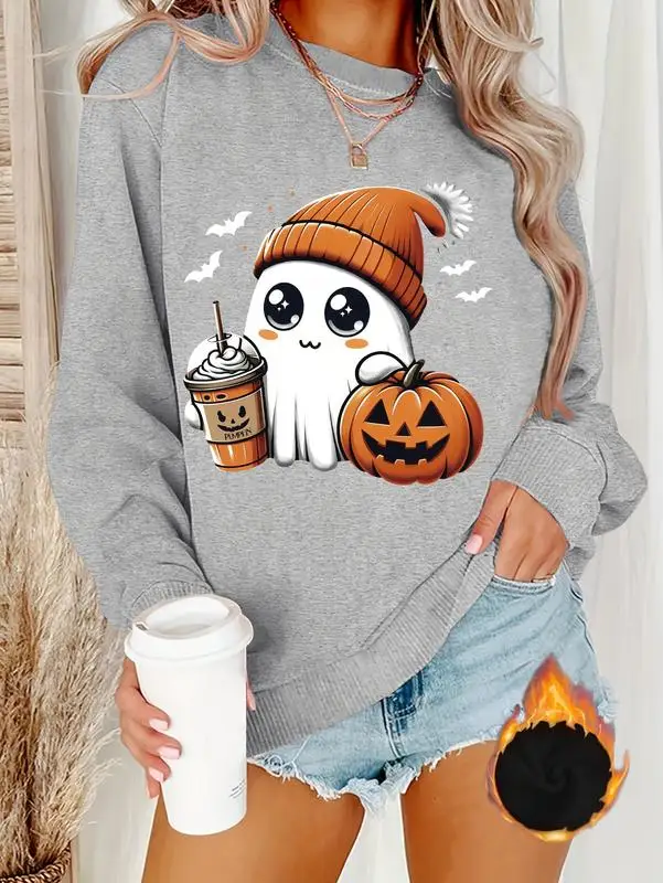 

Holafish Cozy Halloween Crewneck Sweatshirt Women's Oversized Printed Sweatshirt Casual Crewneck Long Sleeve Loose Fit Pullover