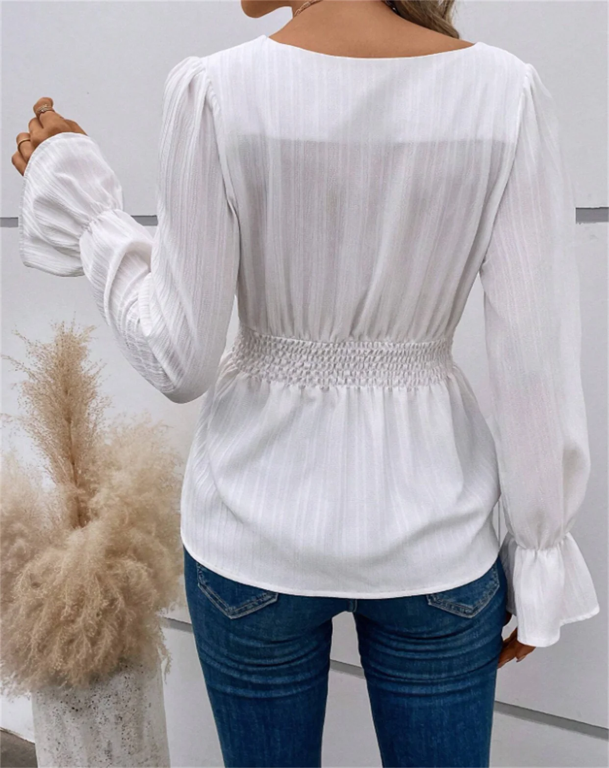 Shirred Square Neck Cinched Waist Blouse  Casual Long Sleeve Top For Spring  Fall  Women\'s Clothing