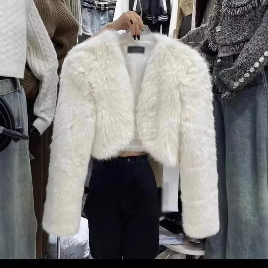 

Faux Fox Fur Coats Women Short Jackets Solid V Neck Open Stitch Long Sleeves Thick Warm Fur Loose Fit Casual 2025 Autumn Winter