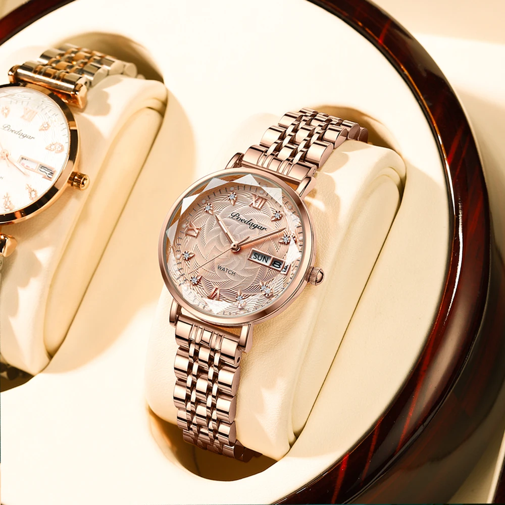 POEDAGAR Elegant Luxury Women Watch Waterproof Luminous Date Week Ladies Watches Fashion Stainless Steel Quartz Woman Wristwatch