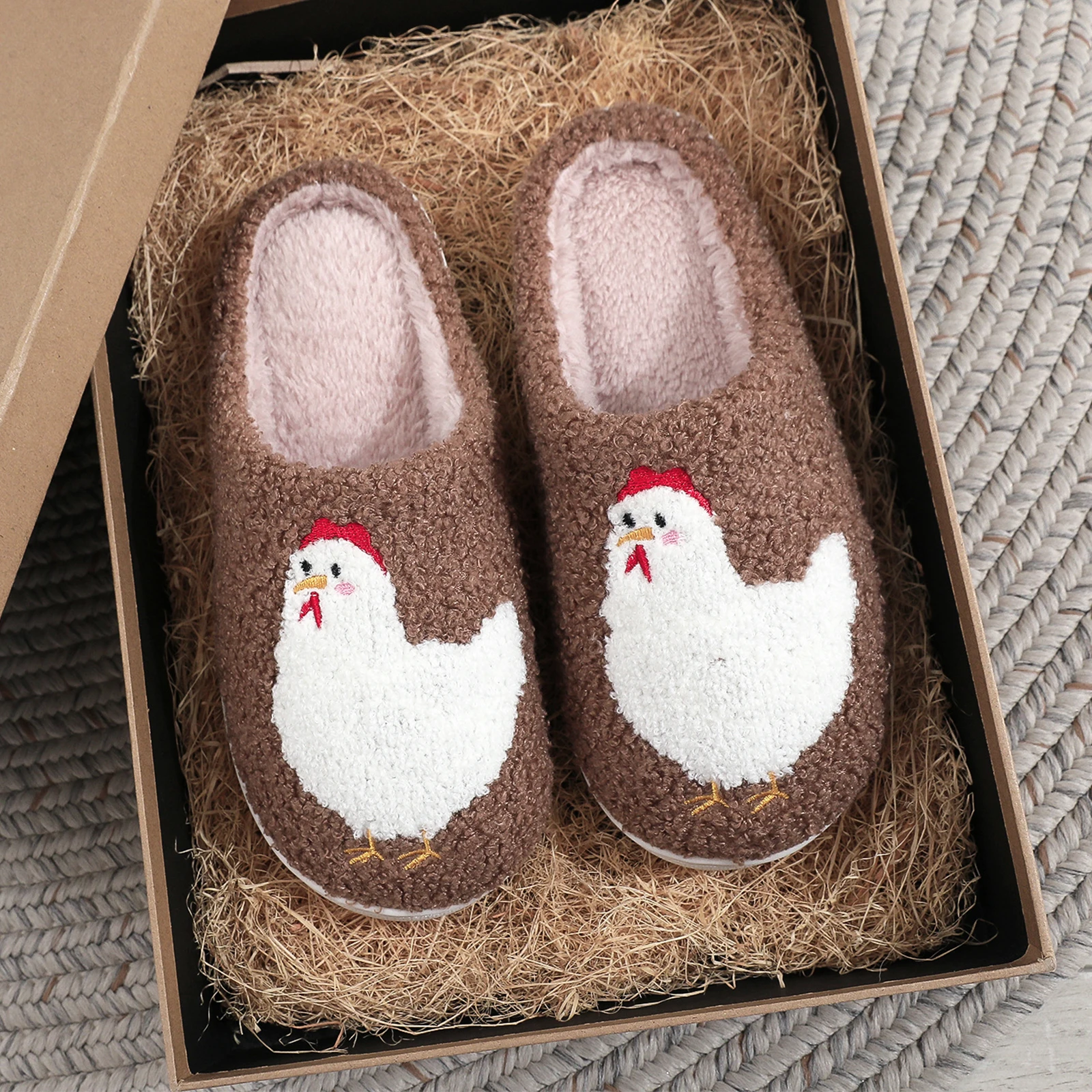 Cute Chicken Plush Cute Slipper Non-slip Cute House Shoes Warm Fuzzy Warm Cartoon Flat Winter Casual Gift for Family and Friend