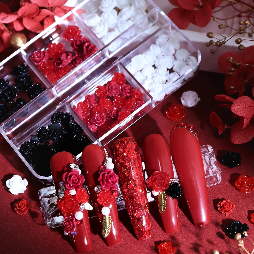 Black Red Rose Flowers Nail Art Charms Camellia Flower Manicure Accessories French Nails Decoration Valentines Day Nails Jewelry