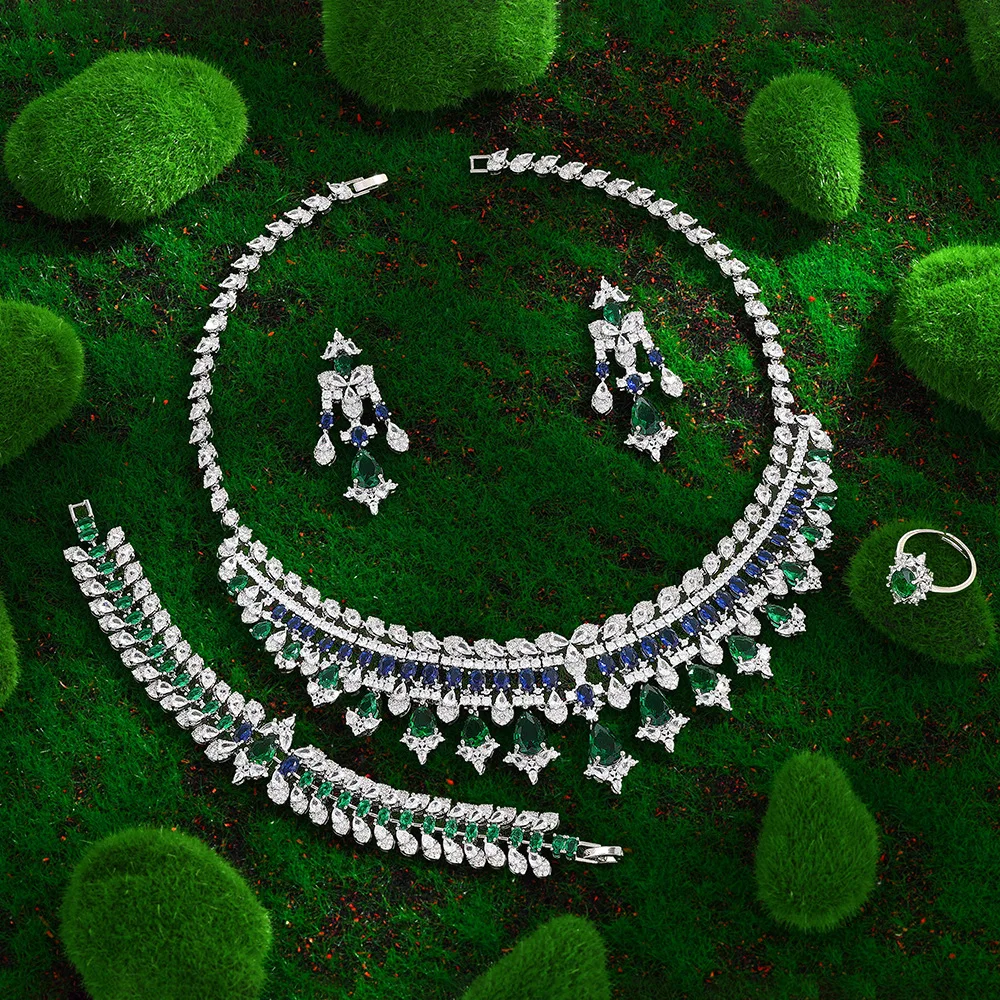 Statement CZ Crystal Bridal Cubic Zirconia Jewelry Sets 4 Pieces Set Wedding Party Necklace Earring Bracelet Ring Christmas Gift