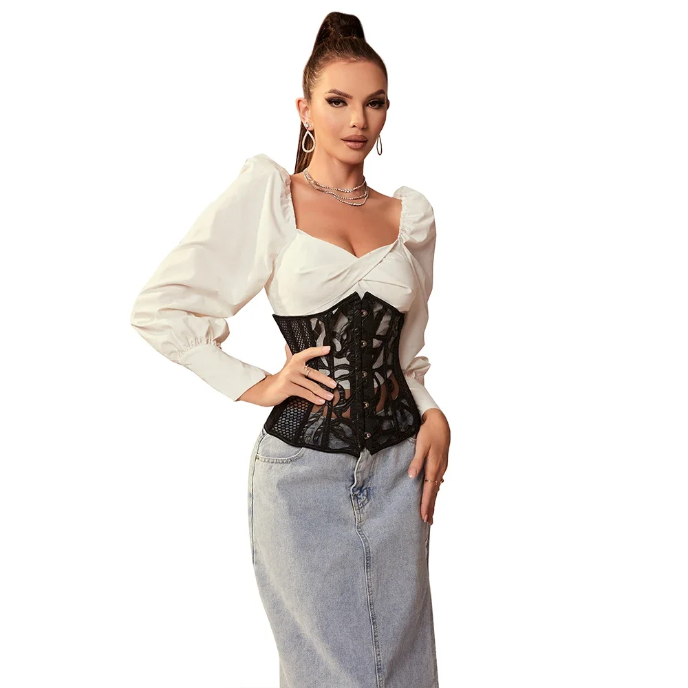 

Steampunk Lace Up Underbust Corset Top Black Hollow Out Mesh Sexy Waist Trainer Cincher