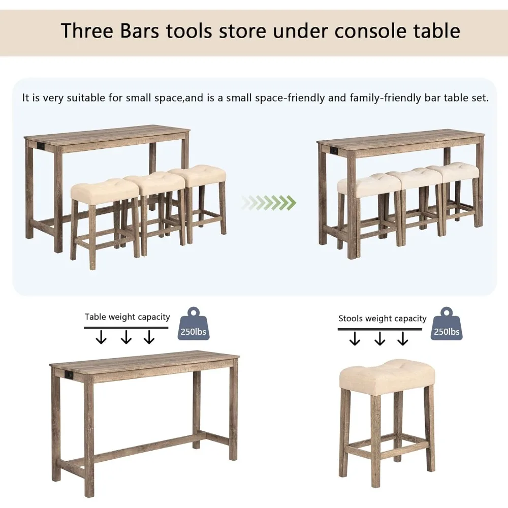 Juego clásico de mesa de bar con altura de mostrador para 3 personas con toma de corriente, juego de comedor de 4 piezas con taburetes acolchados, apartamento Condo S
