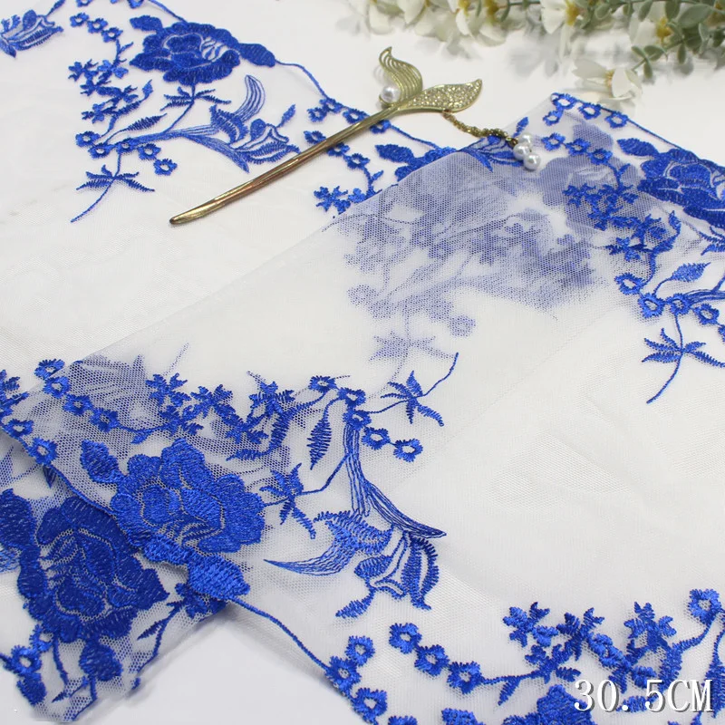 

23Yards Bilateral Blue Floral Tulle Embroidery Lace Fancy Flower Mesh Lace Trim for Lady Lingerie