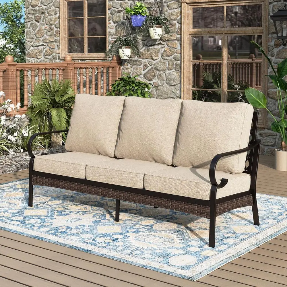 

3-Seat Steel Outdoor Sectional Sofa with Deep Seating and 5.75 Cushions for Lawn, Backyard, Porch, or Deck, Beige