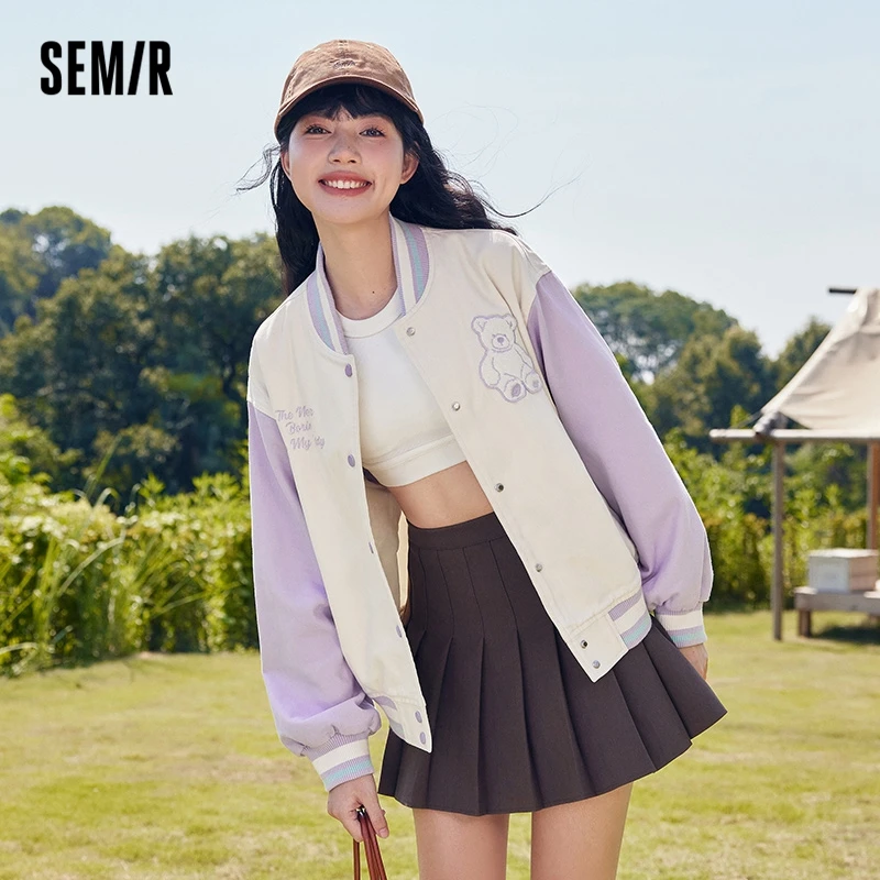 

Semir Coat Women Bear Embroidery Hit Color Retro Style 2022 Early Autumn New Loose Baseball Uniform Trend College Style