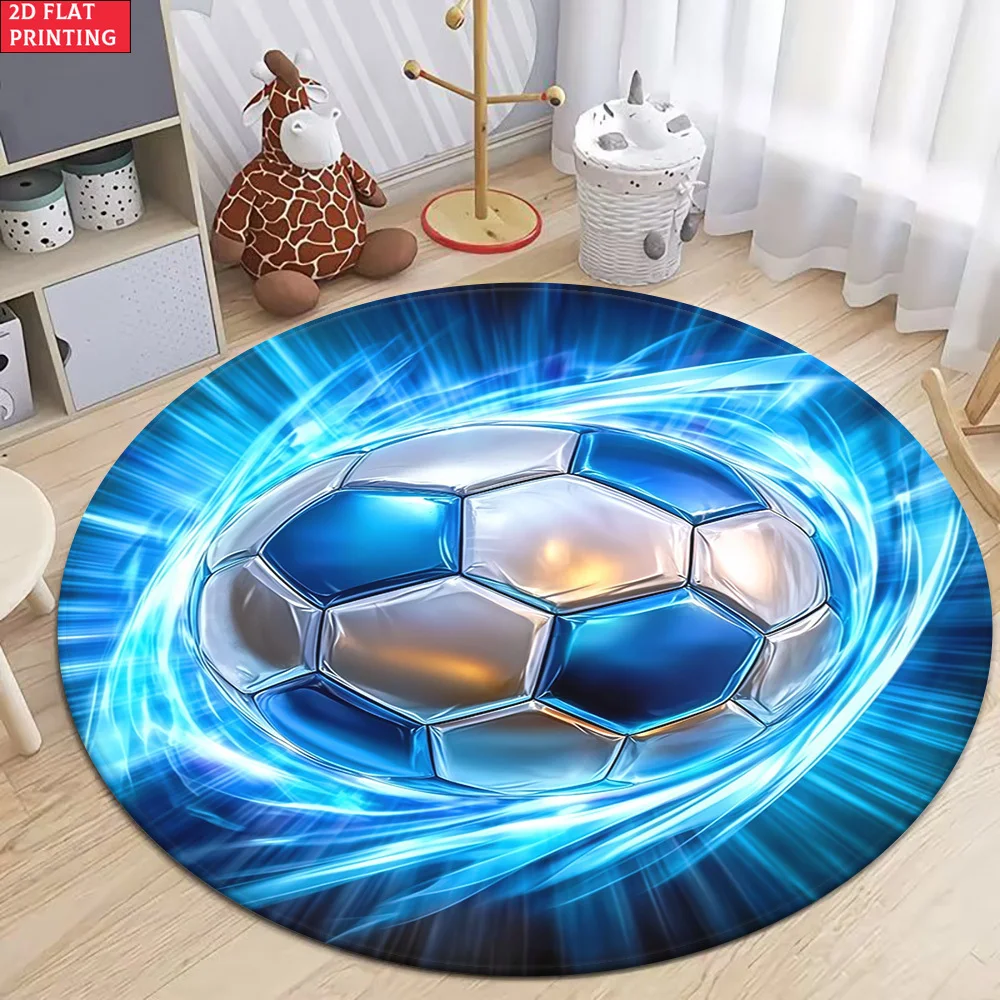 Blue Soccer Ball Energy Burst Round Rug Kids Boys Sports Theme Flannel Mat Gaming Room Bedroom Floor Covering Fun Dynamic Design
