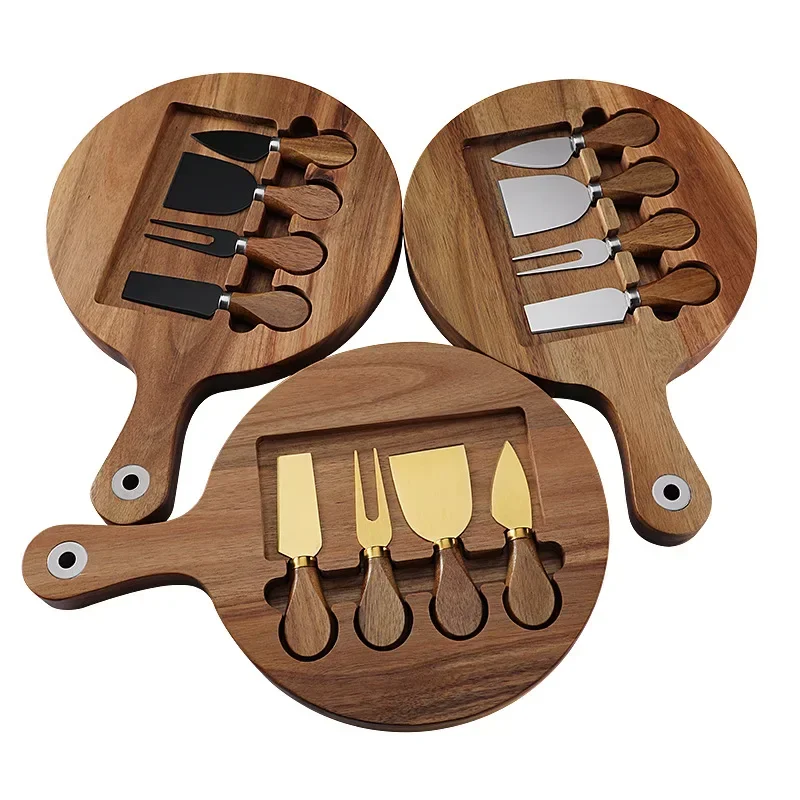 

Cross border Wooden Board Steak Cutting Board Wooden Cheese Cheese Board Set with Stainless Steel Cheese Knife 4-piece Set