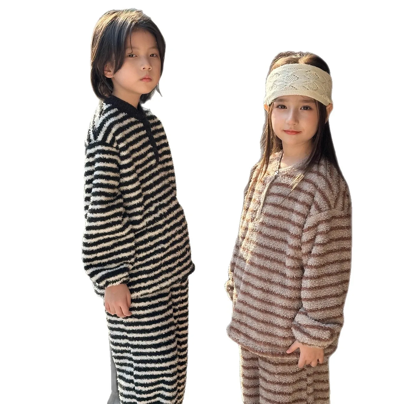 مجموعة ملابس منزلية مخملية دافئة للأولاد والبنات، الطبعة الكورية، ملابس منزلية مخططة لاصقة ومريحة للأطفال #5