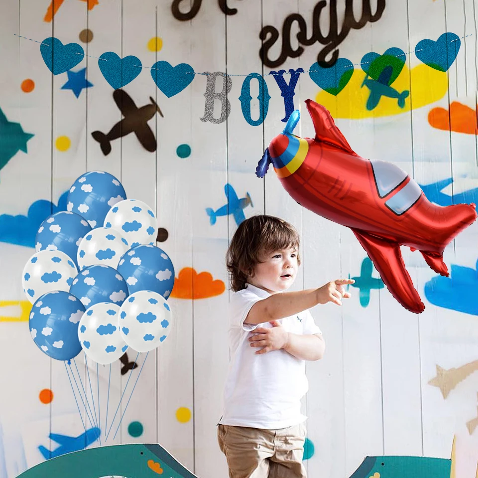 Globo de látex de 12 pulgadas para decoración de fiesta de cumpleaños, globo de nube azul y blanca, pancarta de avión, 10 unidades