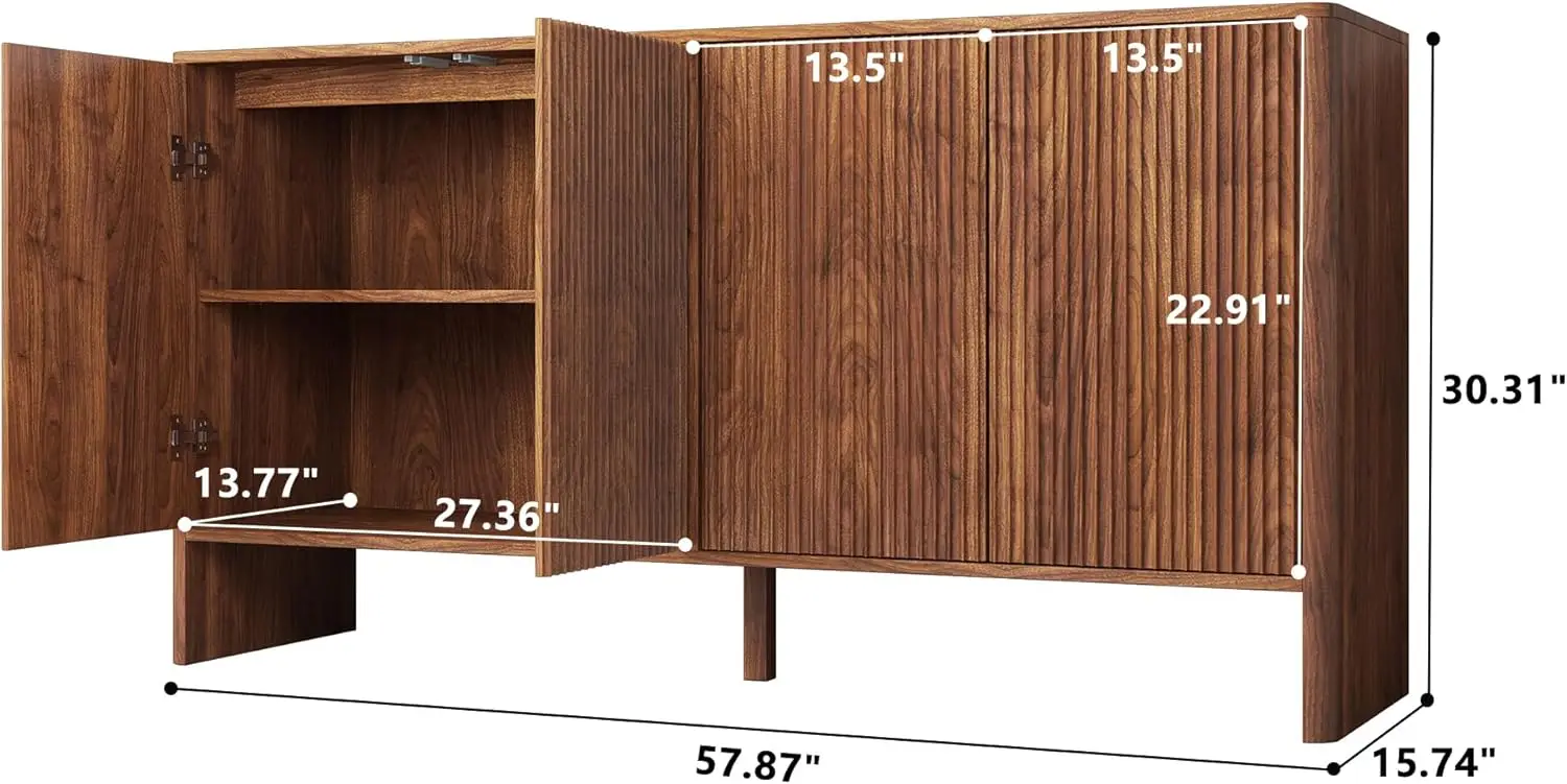 Sideboard Buffets Cabinet, Modern Accent Storage Cabinet with 4 Fluted Doors and Adjustable Shelves, Console Table