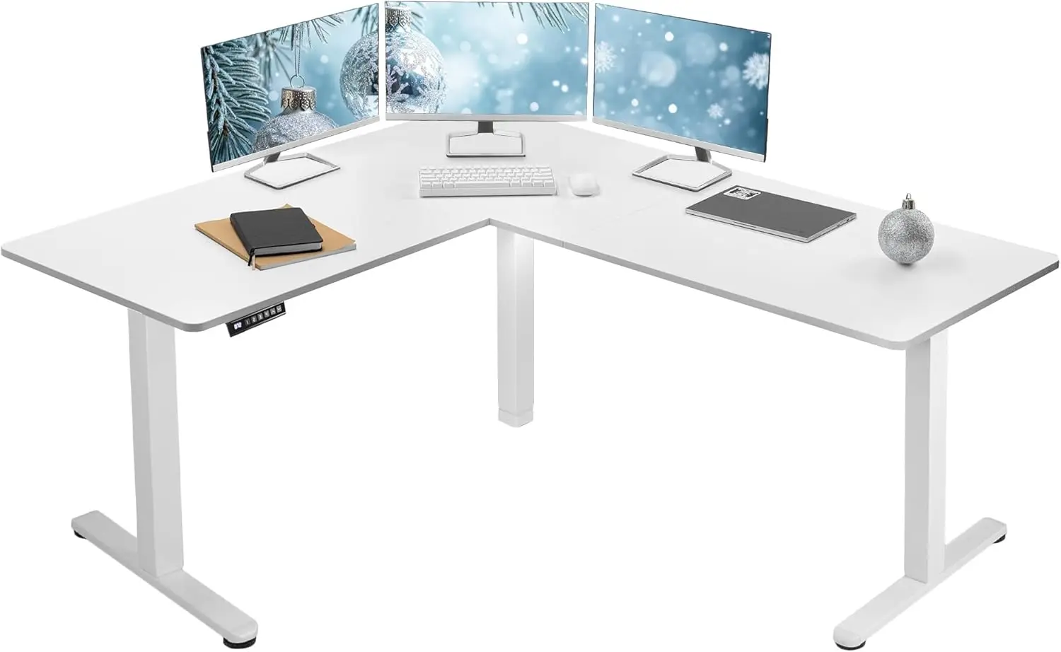 Electric Corner L-Shaped 63 X 55 Inch Standing Desk, Height Adjustable, Memory Controller, White Top White Frame, Desk-E3Ctw