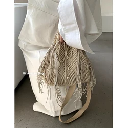 Tassel Shell Straw Bag Summer Bucket Bags for Women Wide Strap Shoulder Bag Bohemian Rattan Beach Bags Purses and Handbags Chic