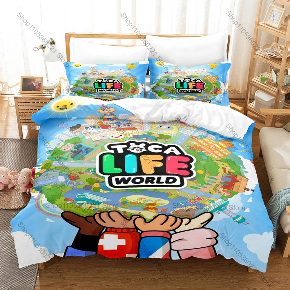 Conjunto de roupa de cama com estampa de jogo Toca Boca, 3 peças, capa de edredom, fronha para meninos e meninas, decoração de quarto, conjunto de cama