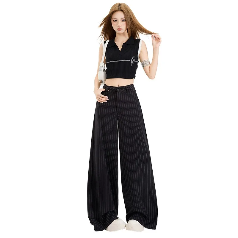 Black Striped Wide Leg Suit Pants for Women Loose Thin Hanging Casual Versatile Slimming Multi-functional Straight Leg Pants