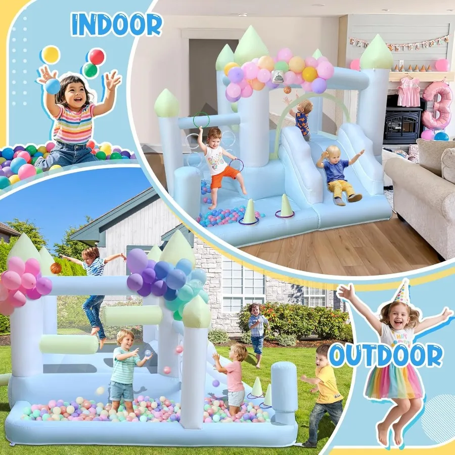 บ้านลมเป่าลม 8in1 สำหรับเล่นในร่มและกลางแจ้ง พร้อมเครื่องเล่นกระโดด ปราสาทลม พร้อมสิ่งกีฬาชกมวย ยิงปืน วิ่งหลบหลีก และเกมยิงเชือกสำหรับด้านหลัง