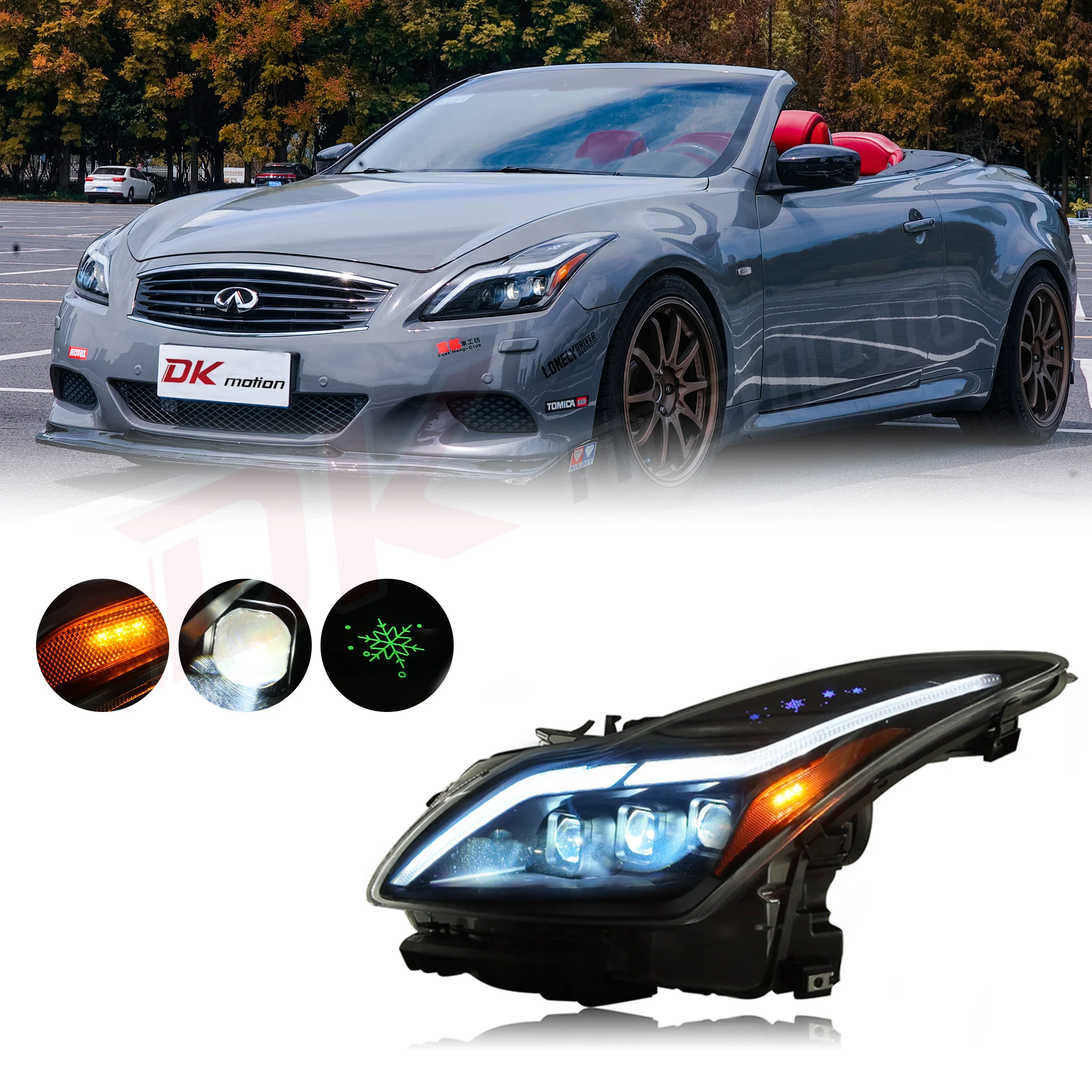 DK Motion LED Headlights for 2008-2013 Infiniti G37 2014-2015 Q60 Coupe/Convertible without AFS System, Fog Car Light Assemblies