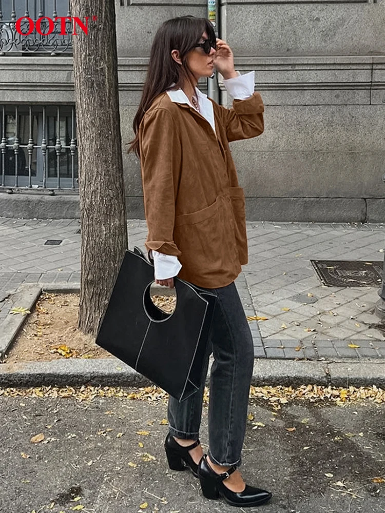 OOTN Fashion Brown Deerskin Velvet Coats Women Autumn Long Sleeve Pockets Straight Jacket Streetwear Solid Single Breasted Coats