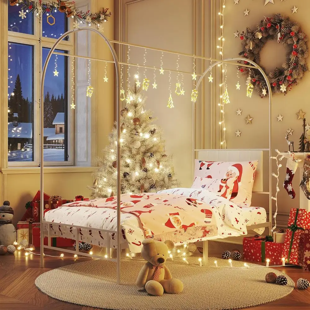 

GAOMON Twin Upholstered Canopy Bed with Headboard, Footboard, and Mosquito Net, Metal Slat Support, Easy Assembly, White