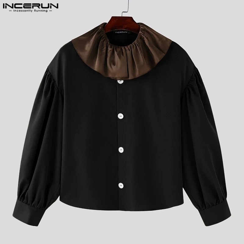 INCERUN-Tops informales de estilo americano para hombre, camisas con empalme de Color contrastante y cuello con volantes, blusa holgada Retro de manga larga 2024