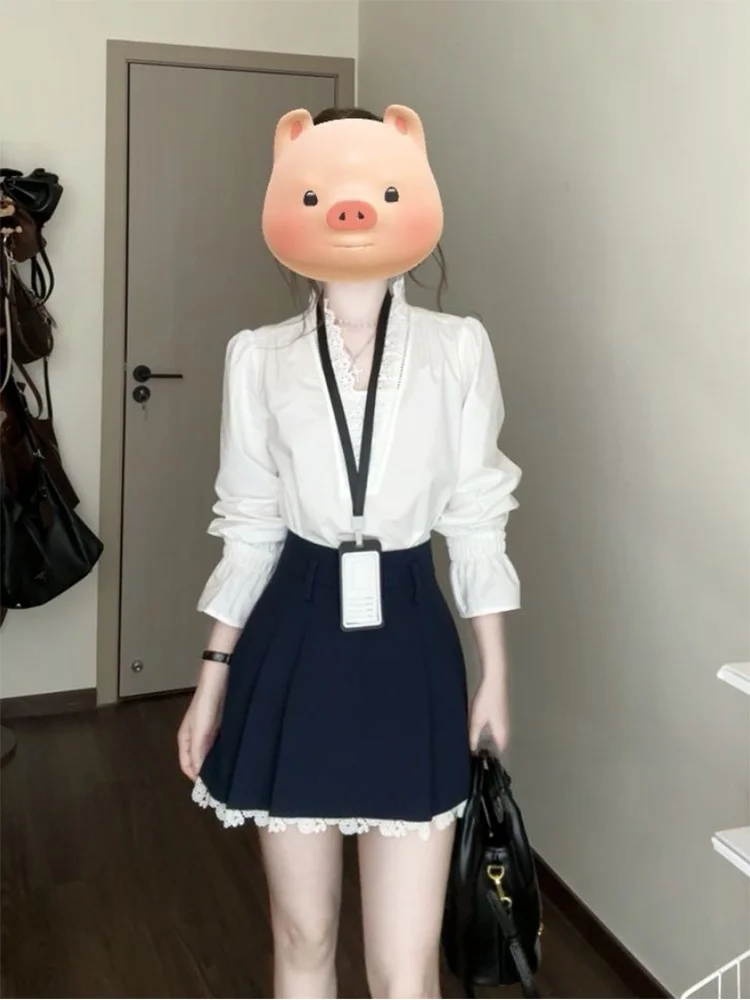 

Белый кружевной комплект: блузка и юбка с V-образным вырезом, женская одежда больших размеров, элегантный офисный стиль, юбка с высокой талией для повседневной носки