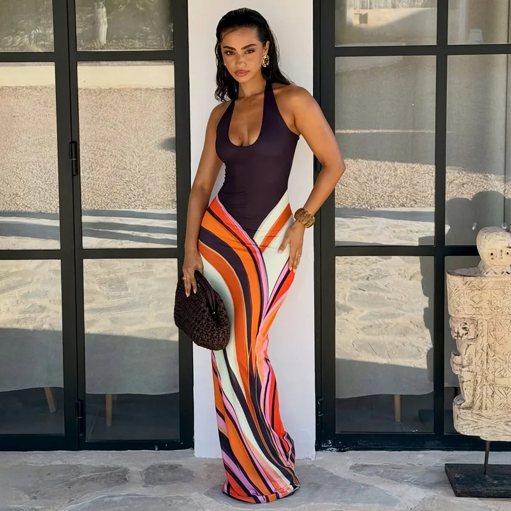 Robe longue maxi imprimée bohème pour femme, sans manches, dos nu, sexy, moulante, style licou, collection été 2026