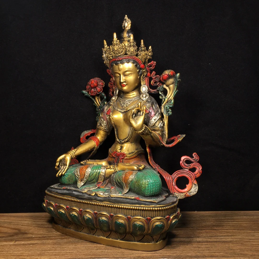

11"Tibetan Temple Collection Old Bronze Painted White Tara Buddha lotus Platform Tibetan Buddha Worship Hall Town House Exorcism