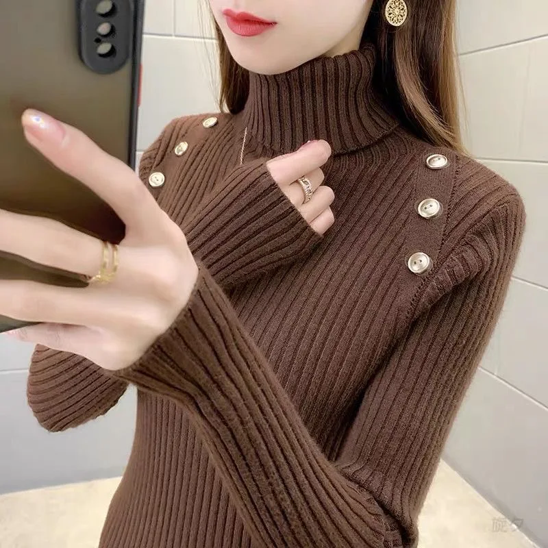 Fdfklak Turtle Neck Women Sim Bottoming Shirt Long Sleeve Autumn Winter New Thick Tight Knit Pullover Sweater Base Coat Jumper