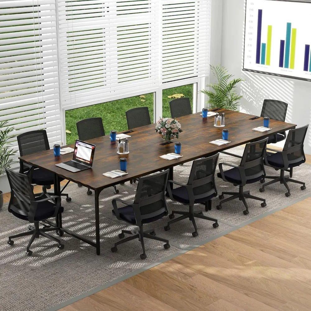 Conference Desk Set, Modern Boardroom Desk with Storage Bag, Headphone Hook, Sturdy Metal Frame, Rectangular Seminar Table