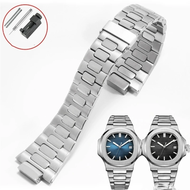 Superior Silver Convex Mouth 316L Stainless Steel Watchband 25*13mm Solid Links Bracelet Fit For Patek Phili Nautilus 5711 Watch