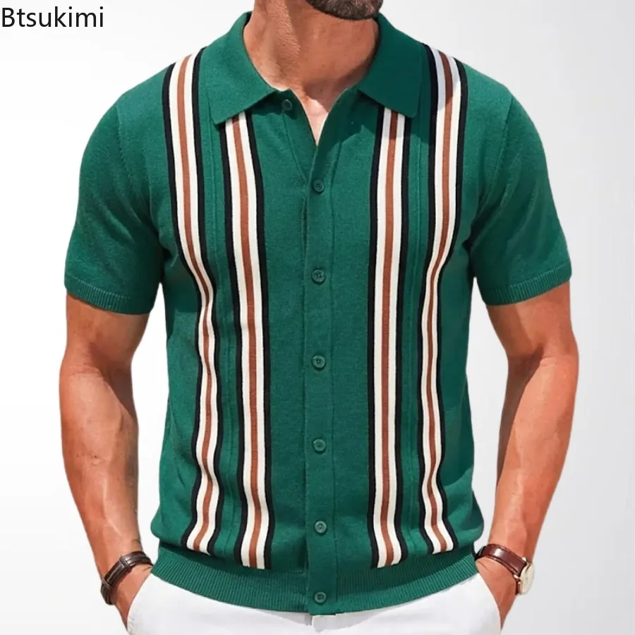 Polo de manga corta para hombre, cárdigan ajustado de punto para negocios, ropa de calle informal, Tops masculinos, primavera y verano, 2024