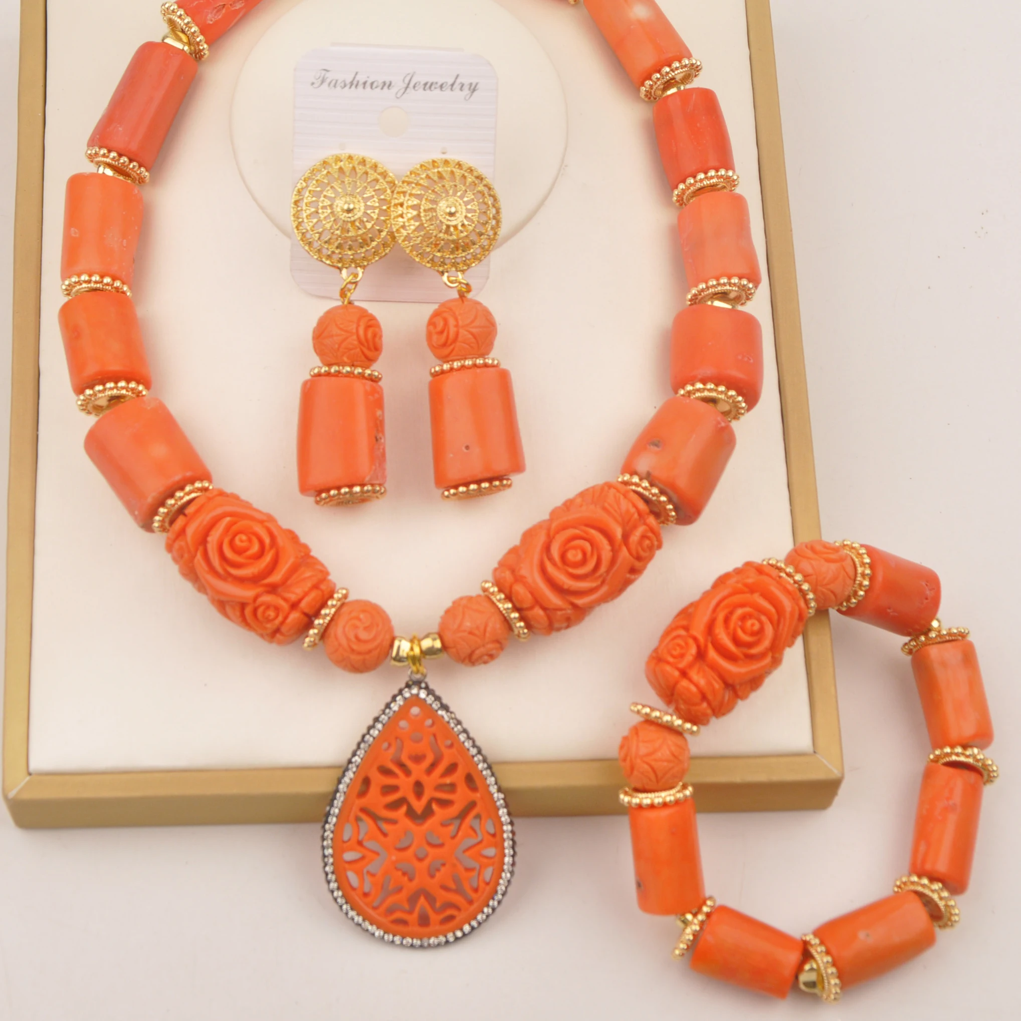 

Nigerian orange original coral beads jewelry set for women