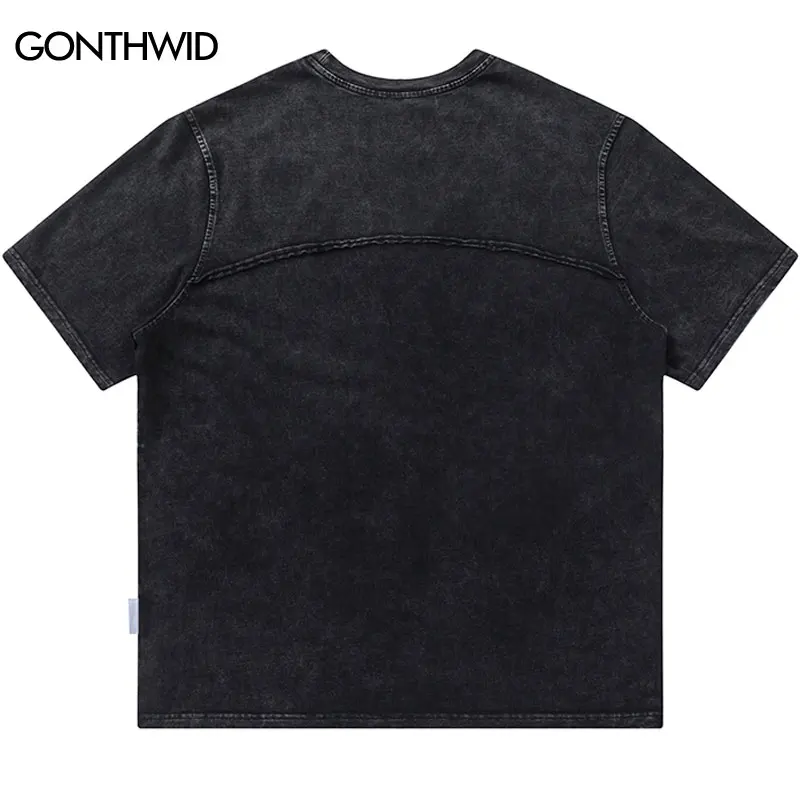 Vintage Black T-Shirt Streetwear Hip Hop Solid Washed Tshirt Grunge Men Punk Gothic Loose Shirts 2024 Harajuku Casual Loose Tops