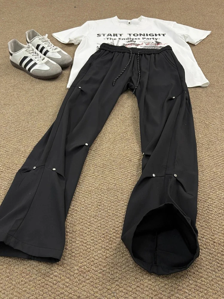 

Мужские летние брюки Cleanfit из железного ледяного шелка в американском стиле, повседневные брюки с прямыми заклепками и широкими штанинами для похудения