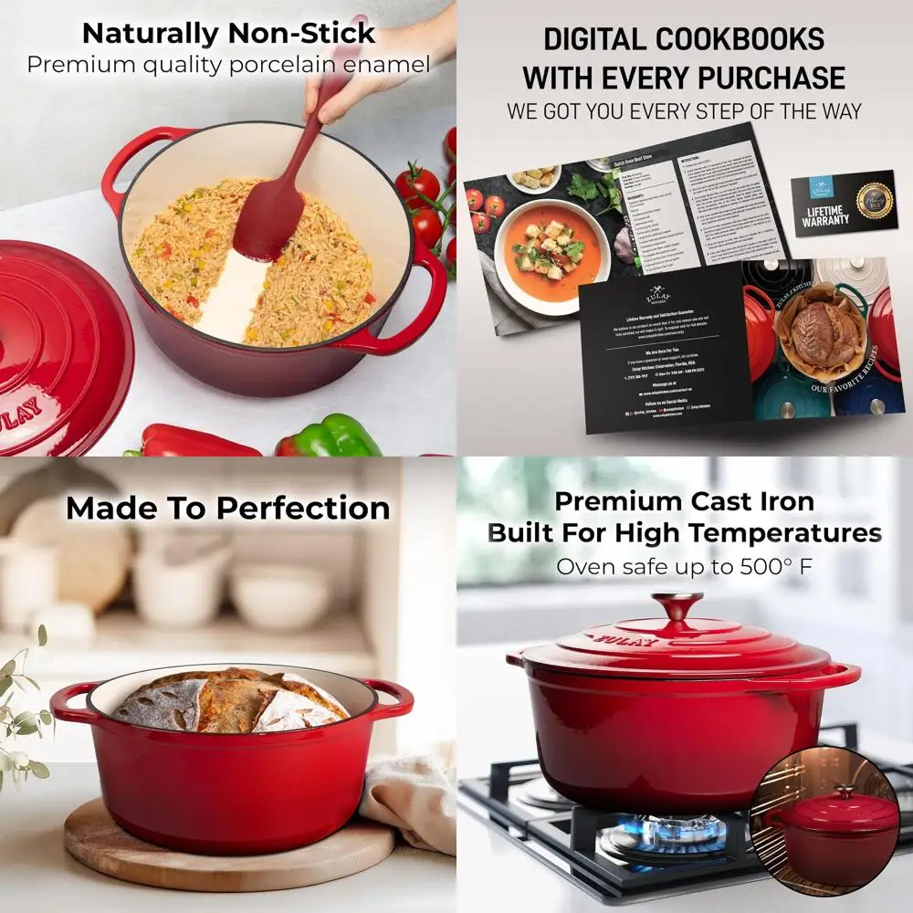 

Прочная голландская духовка из красной эмалированного чугуна емкостью 6 литров с крышкой — безопасная в духовке до 500 ° F для выпечки, рагу и обжарки