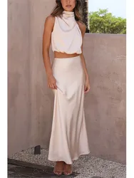 Women's Two-Piece Satin Long Skirt Sleeveless Fashion Off The Shoulder Elegant Solid Color Short Top A-line Skirt Two-Piece Set