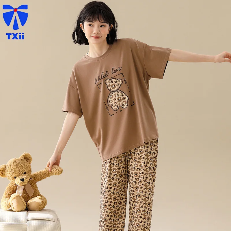 TXii Newlook 2024 New Summer Pajamas Women's Set Short sleeved Shorts Cartoon Home Clothing Women's Pure Cotton Sweet and Cute.5