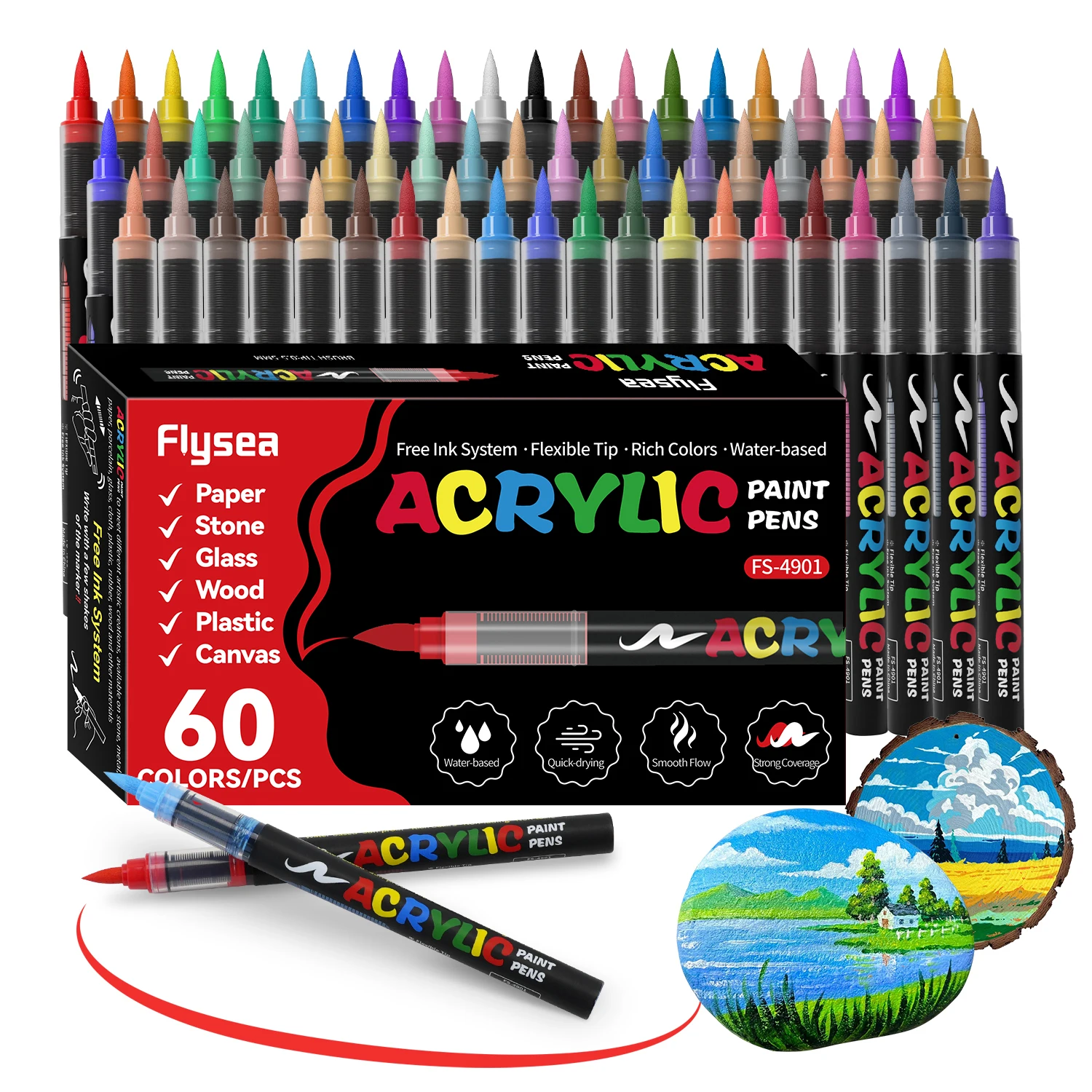 60 Colors Acrylic Paint Pens Water-Based Paint Markers Quick Dry Smooth Flow Strong Coverage for Rock Wood Glass Ceramic Paper Canvas DIY Art Craft