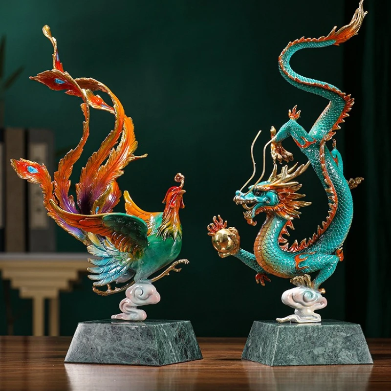 Brass dragon and phoenix ornament Qinglong phoenix ornament living room wine cabinet TV cabinet opening housewarming gift